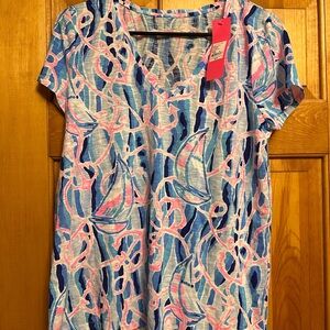 Lilly Pulitzer Etta V-Neck Top in Skim Blue Reel Nauti